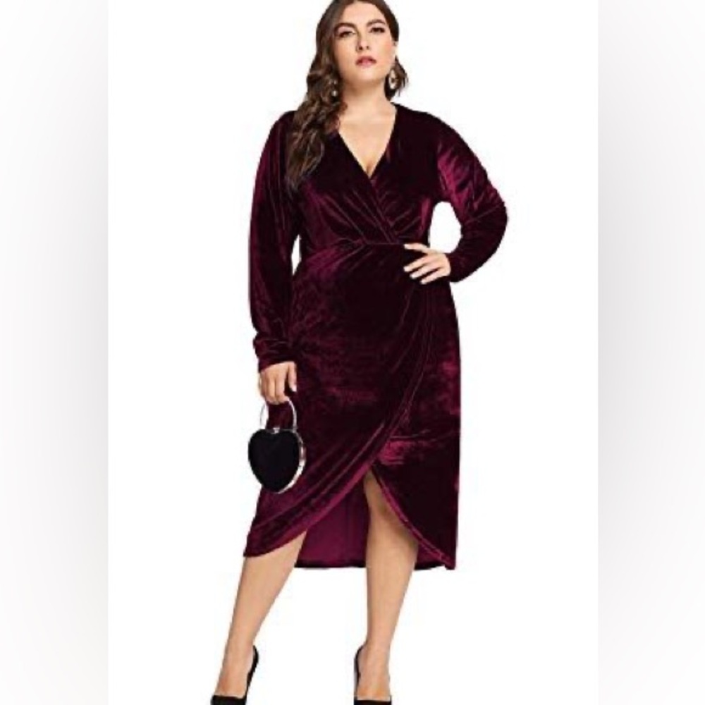 ESPRLIA Women's Plus Size Velvet Sexy Faux Wrap Pencil Midi Dresses 14W